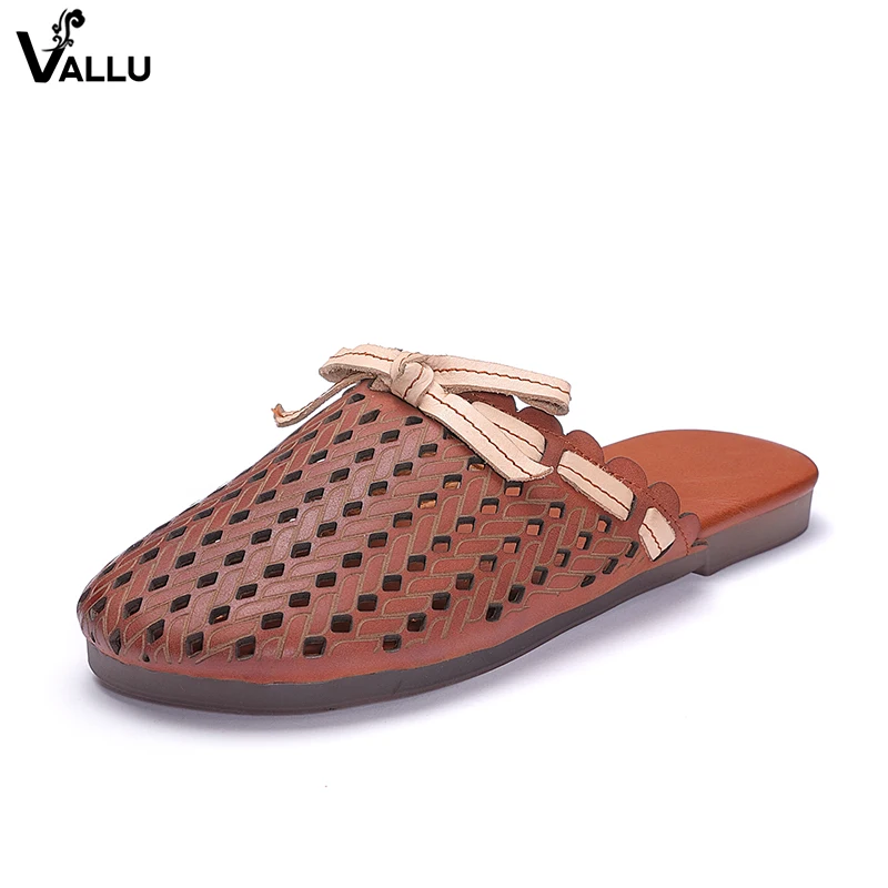 

Bow-Knot Shoes For Women 2018 Summer Genuine Leather Lady Slide Sandals Cover Toe Slipper Cut Out Sweet Female Slides Shoes