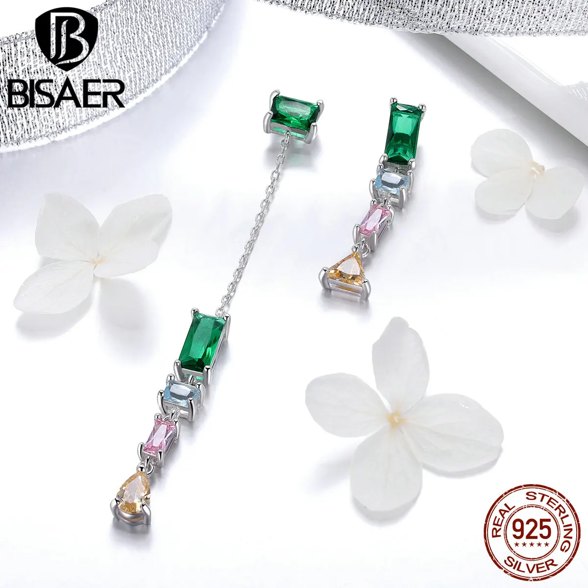 BISAE 925 пробы серебряные Геометрические Квадратные серьги-гвоздики для женщин Простые зеленые CZ длинные модные серьги ювелирные изделия Brincos ECE408