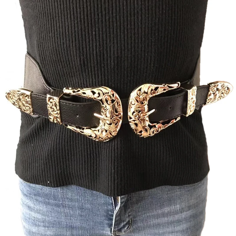 2018 New leather wide vintage belt For Women Gold Double Buckle Faux Leather Belt Retro PU ...