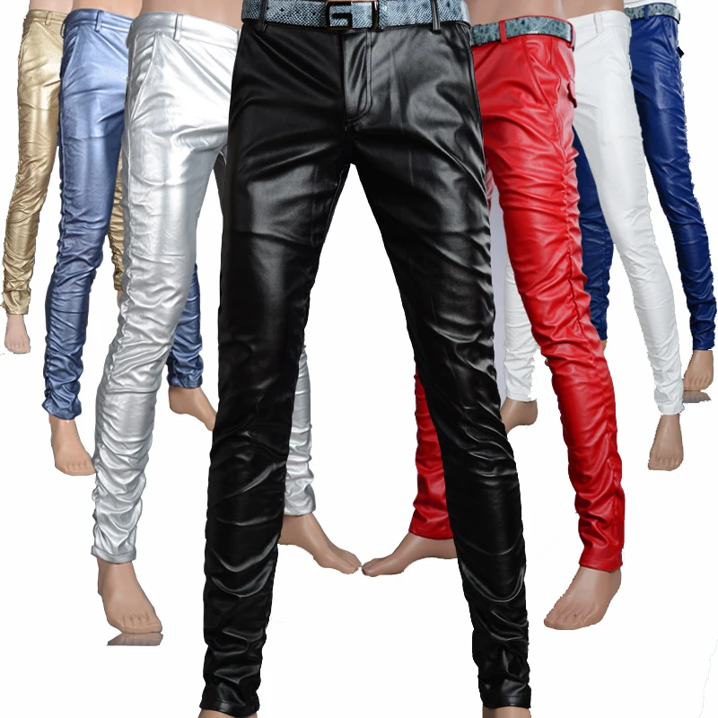 Male fashion tight PU leather pants personality Men's slim casual