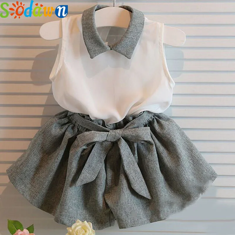 

Sodawn 2017 Girls Clothes Sets Children Clothes Chiffon Lapel Vest +Bowknot Pants Suit Summer Fashion Style Kids Girls Clothes