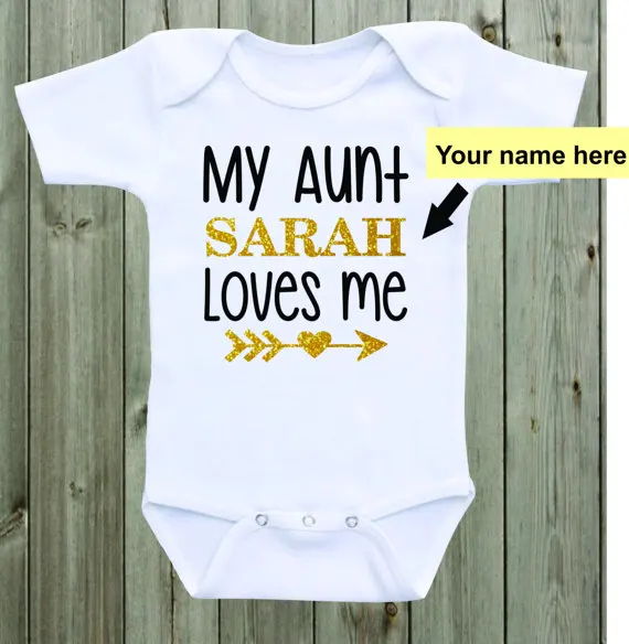 

custom text My Aunt Loves Me glitter infant baby bodysuit onepiece romper Outfit take Home toddler shirt birthday party favors