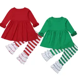 Рождество Дети для маленьких девочек в полоску хлопковый топ платье длинные штаны-леггинсы одежда Размеры От 2 до 6 лет