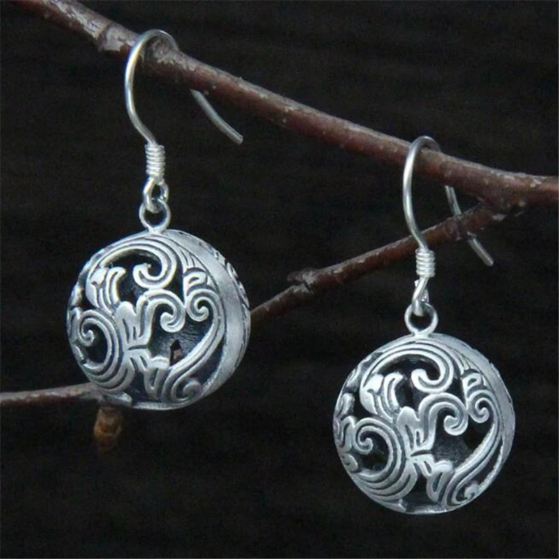 

1pair Vintage Antique 925 Sterling Silver Hollow Round Ball Charms Pendant Dangle Drop Earrings For Women Earring Jewelry Bijoux