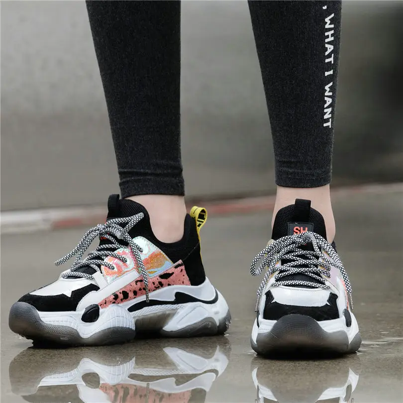 

2019 Travel Shoes Women Cow Leather High Heel Wedges Platform Evening Pumps Shoes Lace Up Punk Sneakers Walking Trainers Shoes