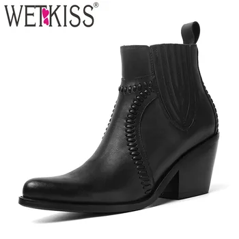 

WETKISS Western Ankle Boots Women Cowboy Booties Fashion Pointed Toe Sewing Shoes Female High Heels Cuban Shoes Ladies Autumn