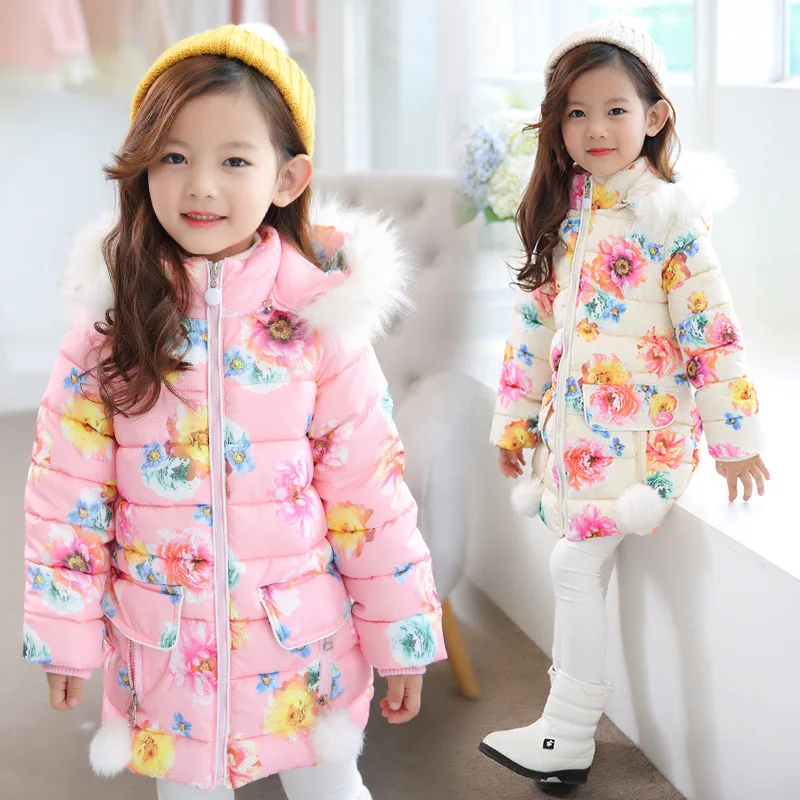 

Children Outerwear Winter Girls Down Jackets Hooded Coats Thick Warm Baby Girls Clothing Printing Flowers 4-10 Years Kids Jacket