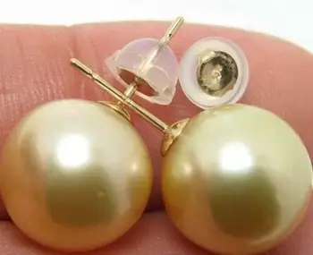 

free shipping>>>>noble jewelry 14k solid yellow gold charming pair of 10-11mm round south sea gold pearl earring