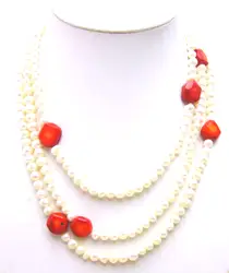 Qingmos длинное 60 "Белое жемчужное ожерелье для женщин с 6-7 мм белый круглый жемчуг и красное барокко коралловое ожерелье свитер ювелирные