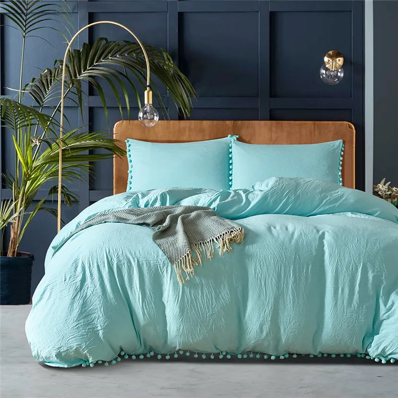 

2/3 pcs Green Bedding Sets With Washed Ball Decorative Microfiber Fabric Queen King Duvet Cover Pillowcase Comfortable