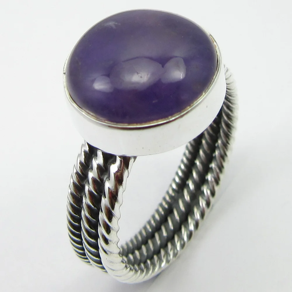 

Solid Silver Genuine Purple Cab Amethysts Triple Band Ring Size 7.75 Unique Designed