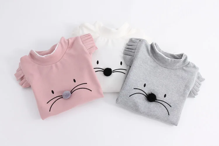Блузка для девочек теплая для детей ясельного возраста осенняя одежда плотная рубашка с рисунком котенка для маленьких девочек топы с рукавами-буффами серый/белый/темно-розовая рубашка для детей, школьная блузка