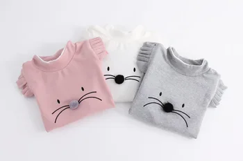 

Girls blouse warm toddler autumn clothing thick cat shirt baby girls Puff Sleeve tops grey/white/pink shirt kids school blouse
