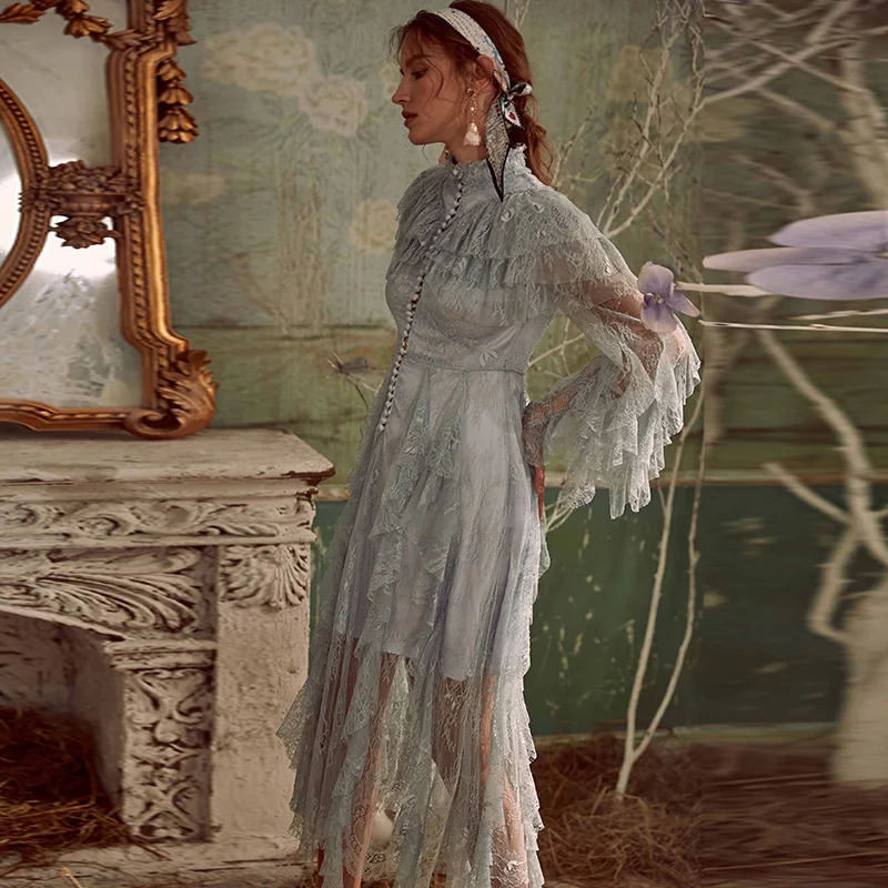 Высококачественное дизайнерское подиумное платье элегантное Несимметричное многослойное с оборками Белое/синее кружевное длинное платье для женщин весна-осень