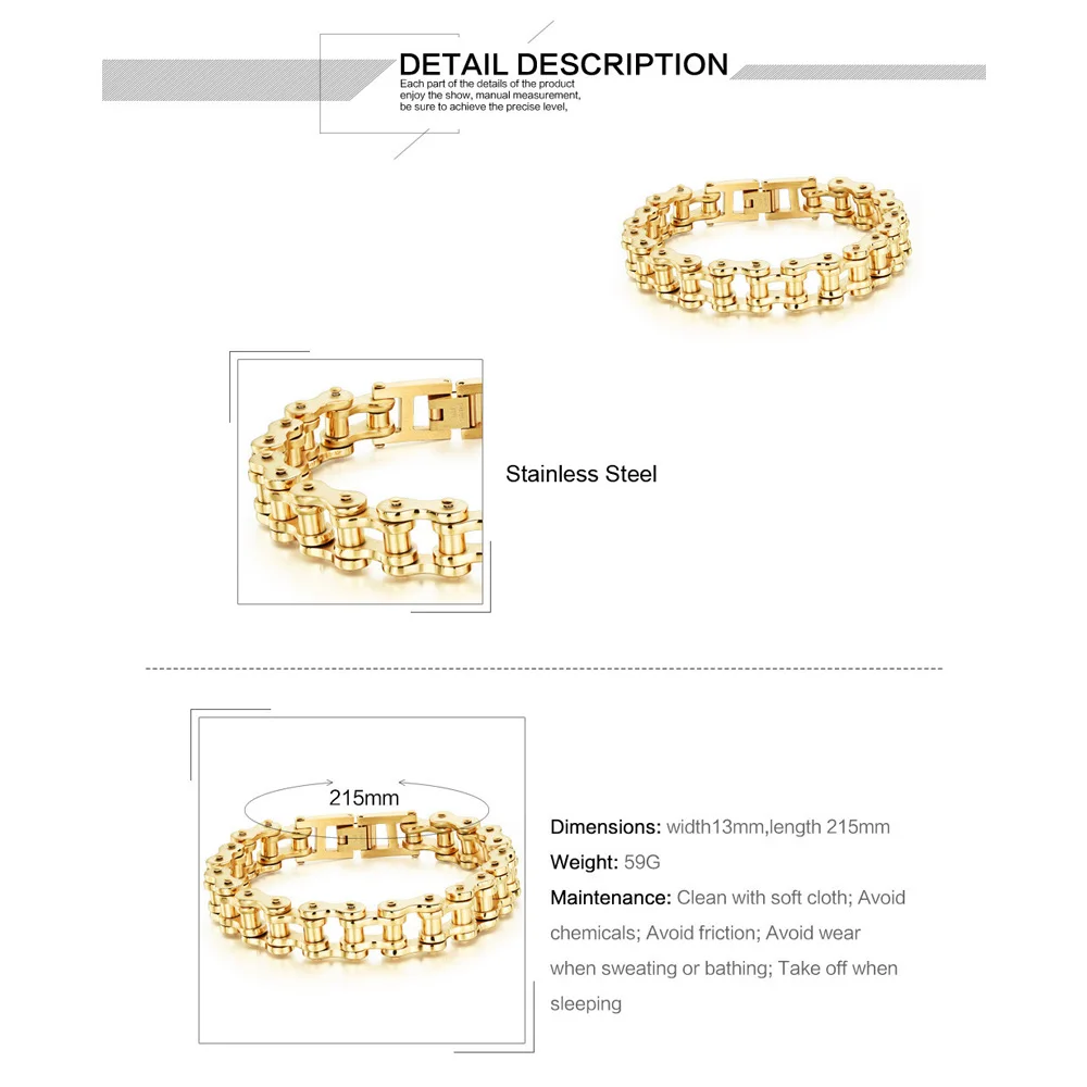 Fate Love 21.5cm*13mm Punk Gold Color Heavy Wide Stainless Steel Bracelets Bicycle Motorcycle Chain Men Delicate Jewelry FL781