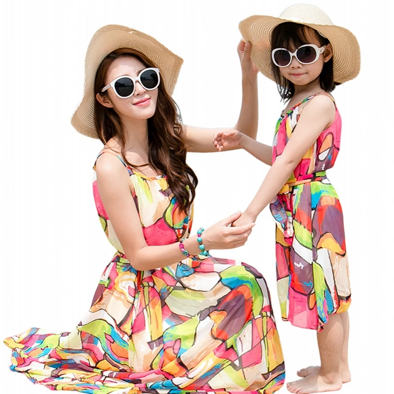 

Mother daughter dresses clothing summer colorful Baby Girls Dress Family Matching Outfits women girl holiday long vest dress