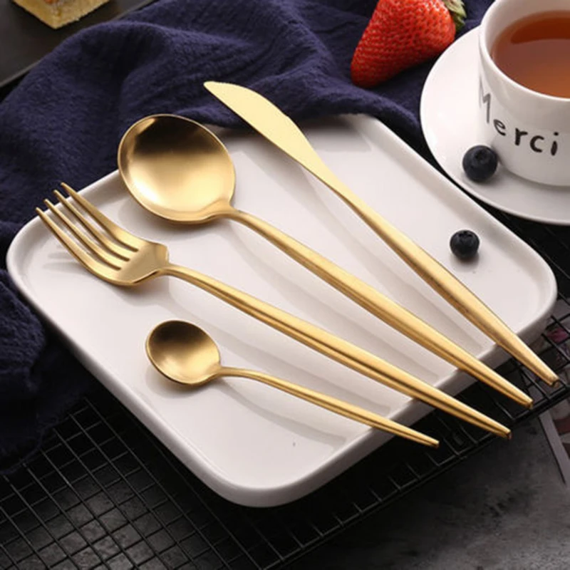 

4pcs Stainless Steel Cutlery Set Gold Plated Tableware Fork Spoon Kit