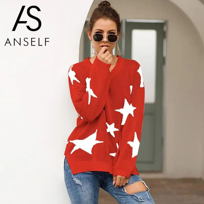 

Christmas Sweater Women Knitting Pullovers Contrast Five-Pointed Star V Neck Dropped Shoulder Long Sleeve Knitwear Streetwear XL