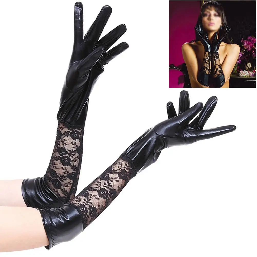 Adult Patent Leather Bridal Gloves Sexy Lace Patchwork Wedding