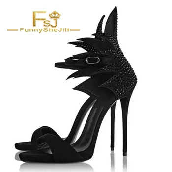

Strange Style High Stiletto Heels Sandals Black Solid Ankle Strap With Buckle Prom Evening Club Novelty Woman Shoes Big Size 16