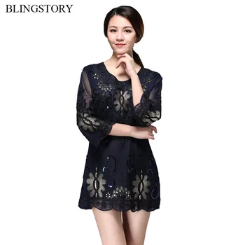 

BLINGSTORY Vintage Women's Embroidery Floral Plus Size T Shirt Quarter Sleeve Transparent Mesh T-shirt Evening Flower Top KR3608