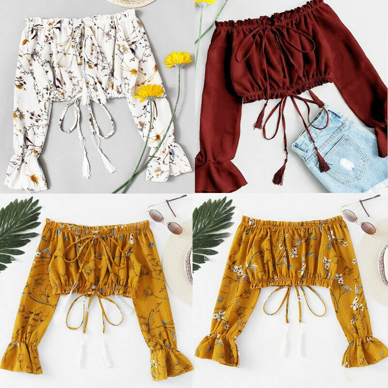 

2019 Summer Women Ladies Clothing Crop Tops Off Shoulder Blouse Long Sleeve Shirt Casual Lace Up Boho Floral Tops Clothes Women