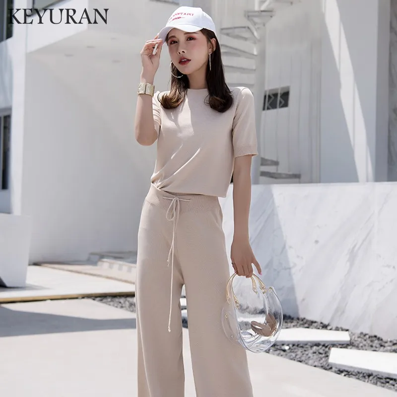 

2019 Summer Plus size 2 pcs set women knit wide leg pants + sweater sets trousers women suit two piece set Costumes for women