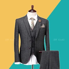High Quality Man’s Wool Suits Male 3 Piece Suit With Vest and Pants For Wedding Dress Men Grey Vintage Suits Plus Size S-5XL
