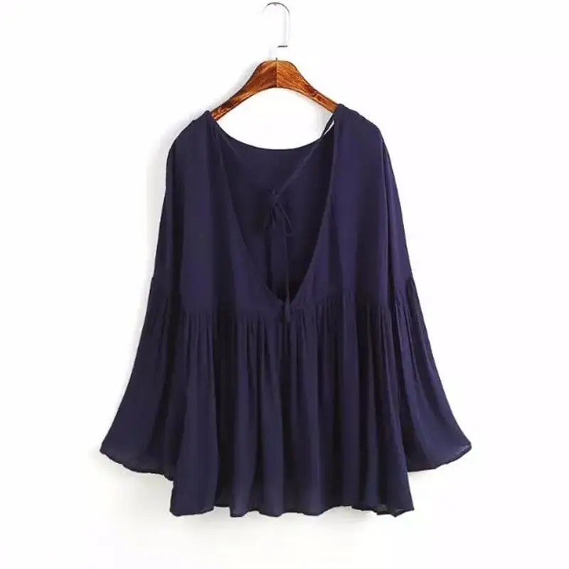 

Summer 2019 Women elegant solid flare sleeve shirt V-neck blouse full sleeve summer casual tops Plus Size S-5XL 6XL linen tops