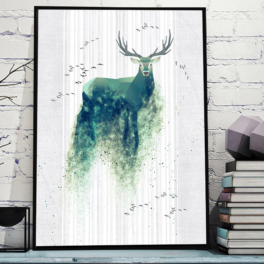 

Watercolor Geometric Green Deer Bird Nordic Posters And Prints Wall Art Canvas Painting Wall Pictures For Living Room Home Decor