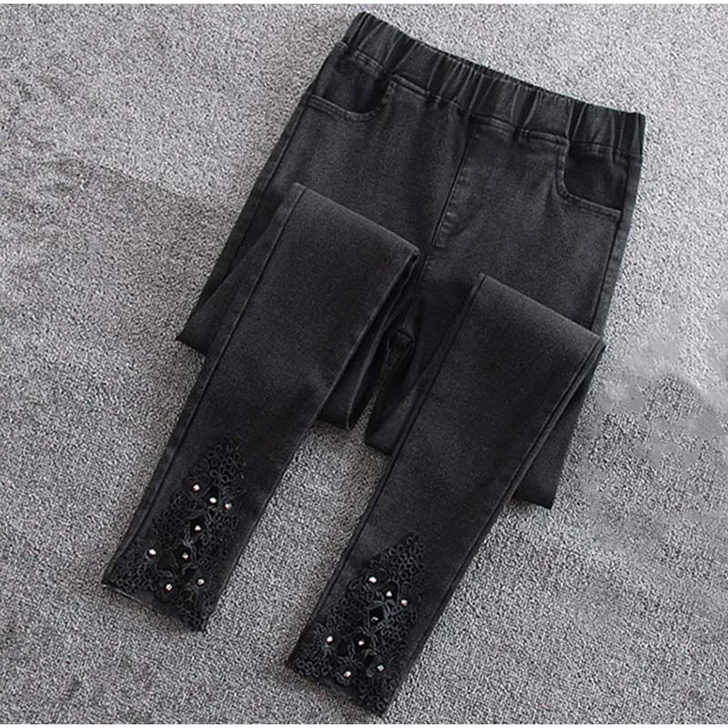 Размера плюс, рваные обтягивающие джинсы-карандаш 3XL 4XL, женские эластичные джинсы с эластичной талией для мам, Женские джинсовые штаны, джинсы со стразами