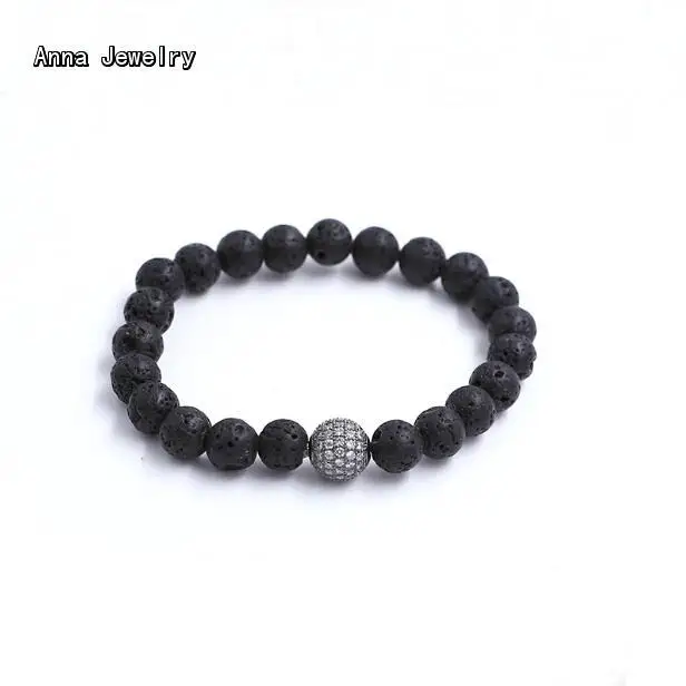 Pulsera de abalorios de basalto negro Natural clásico hombre, cuentas de enlace de 8MM, con Platnum pavimentadas de piedra negra, brazalete de hebras encantador|bead braceletbracelet bracelet - AliExpress