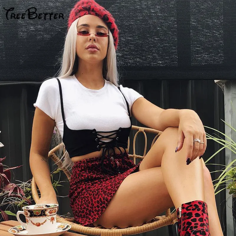 

Patchwork fake 2 Piece Vogue Harajuku Lace Up O Neck Short Sleeve Top Pullover T shirt Women sexy casual Pullover