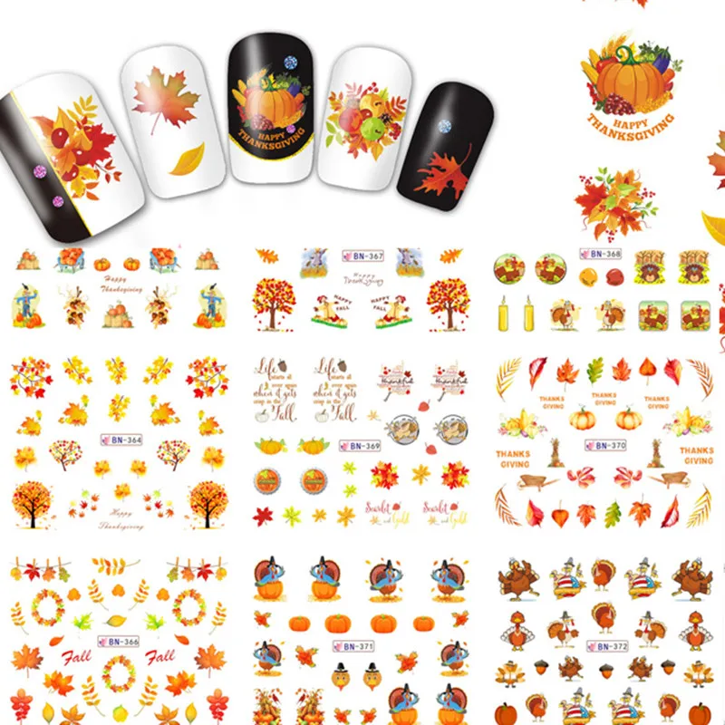 

12 Patterns/Sheet Nail Water Decals Thanksgiving Harvest Autumn Yellow Maple Leaf Pumpkins Mixed Patterns Nail Transfer Sticker