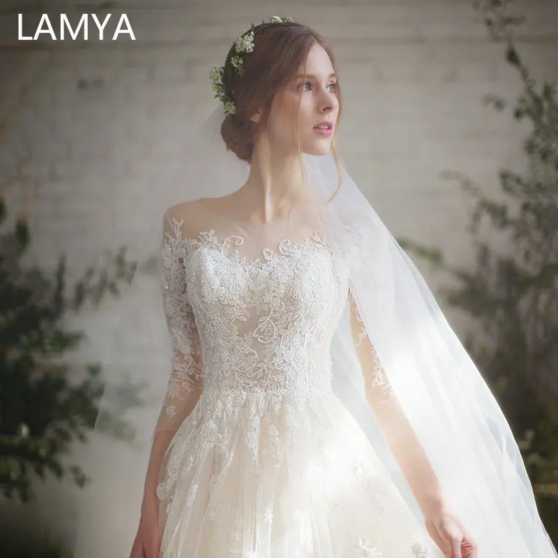 

LAMYA O-Neck Elegant Plus size Vestido De Noiva Half Lace Sleeve Ball Gown Wedding Dress Customized Lace Appliques Bridal Gown