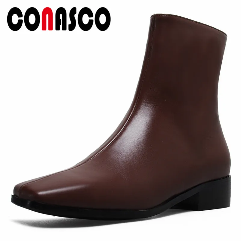 

CONASCO Retro Women Genuine Leather Ankle Boots High Heels Zipper Brand Sqaure Toe Party Shoes Woman New Basic Boots