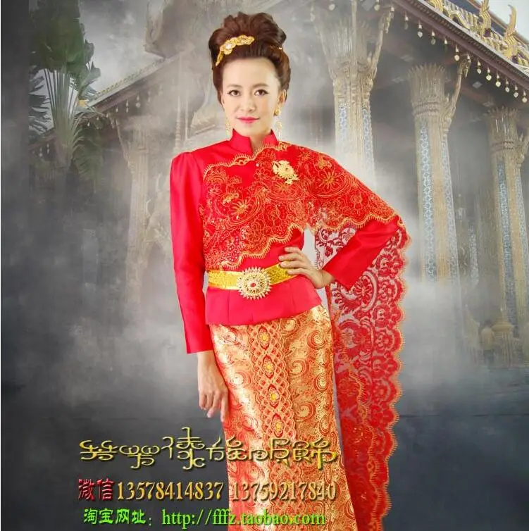 Таиланд традиционных свадебное платье красный высокое качество Таиланд женская одежда красный Вышивка вечернее платье