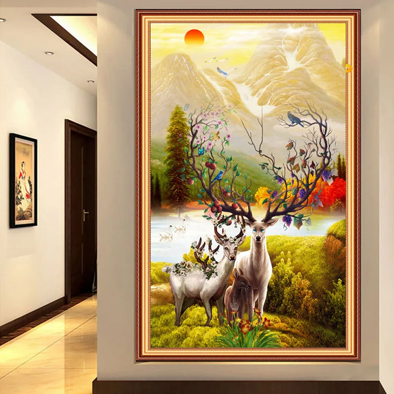 

Diamond Embroidery Deer Family Sun Cross Stitch Crystal Round Diamond Needlework Unfinished Decorative Diy Diamond Painting