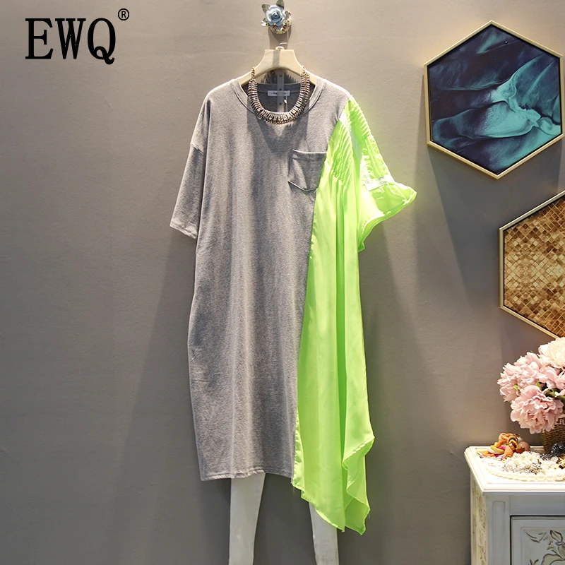 

[EWQ] 2019 Spring Summer New Pattern Round Collar Short Sleeve Hit Colors Patchwork Pullovers Casual Loose Dress Women AE58007
