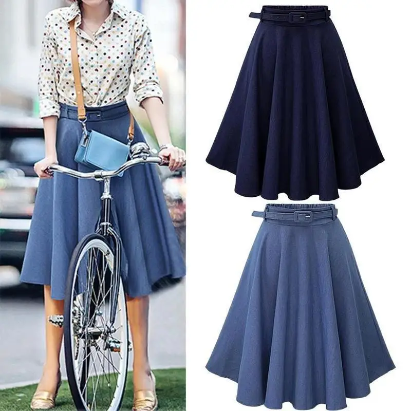 Summer Women Skirt Vintage Solid Sash High Waist Skirts Pleated Cotton