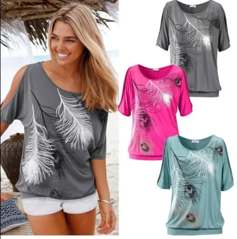 Женская футболка, новинка, Европа, Америка, летние топы, с принтом перьев, без бретелек, с коротким рукавом, футболка, одежда, Vestidos T011