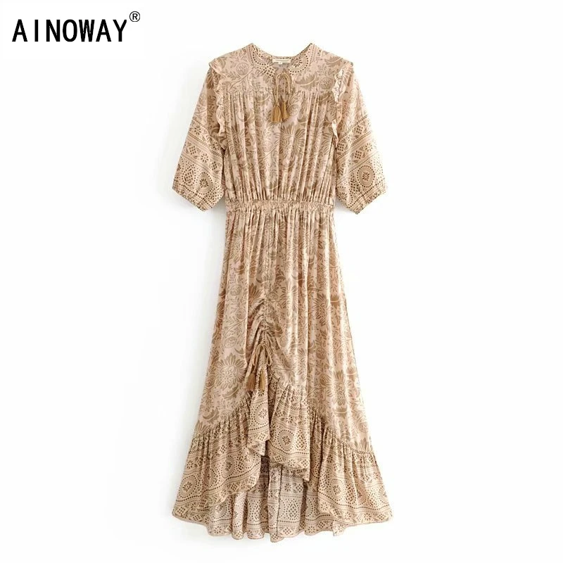 

Vintage chic women lace-up desert floral print half sleeve Bohemian rayon cotton maxi dress Ladies v-neck ruffles Boho vestidos