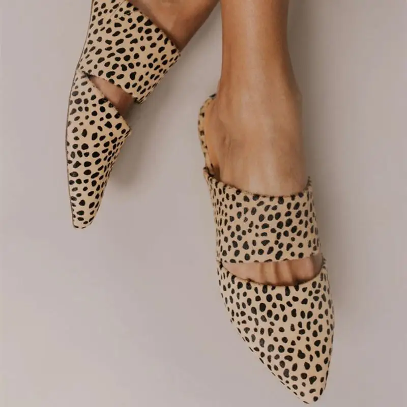 

Litthing New Leopard Flat Mule Slippers Slides Holidays Sandles Pointed Toe Summer Ladies Shoes For Womens Large Size Slingbacks