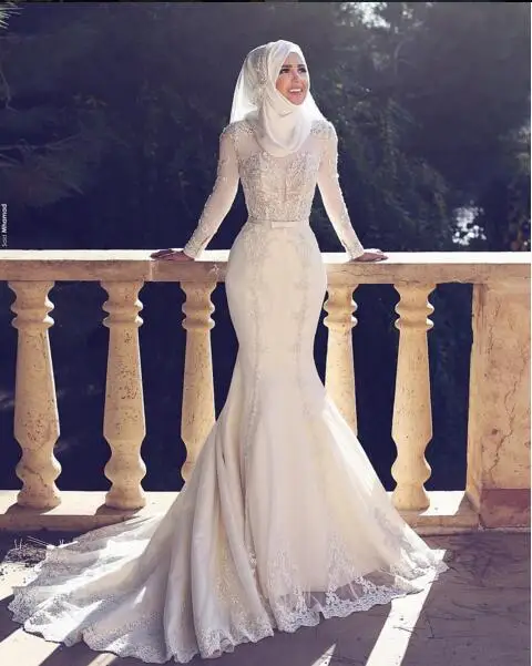 Arabic Style New Arrival Charming Long Sleeves Lace Applique O Neck font b Hijab b font