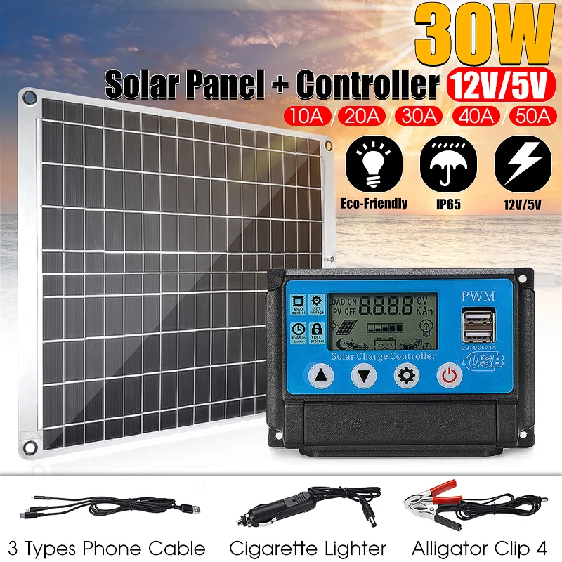 

30W Dual USB Solar Panel with Cigarette Lighter + 10/20/30/40/50A USB Solar Charger Controller for Outdoor Camping LED Light