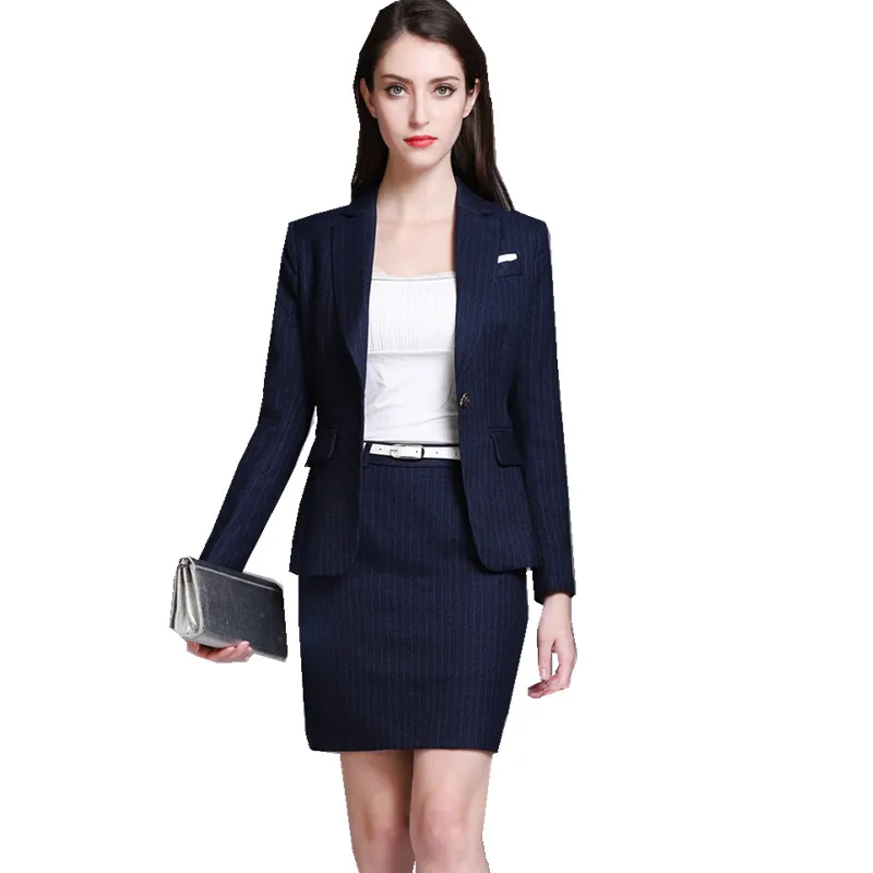 Fmasuth Spring Blue Stripe Skirt Suit For Women 3 pieces Set Formal ...