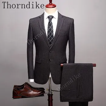 

Thorndike Vintage Grey Stripe Bridegroom Slim Fit Wedding Formal Mens Suits Tuxedo 3 Piece Party Men Suits (Jacket+Vest+Pants)