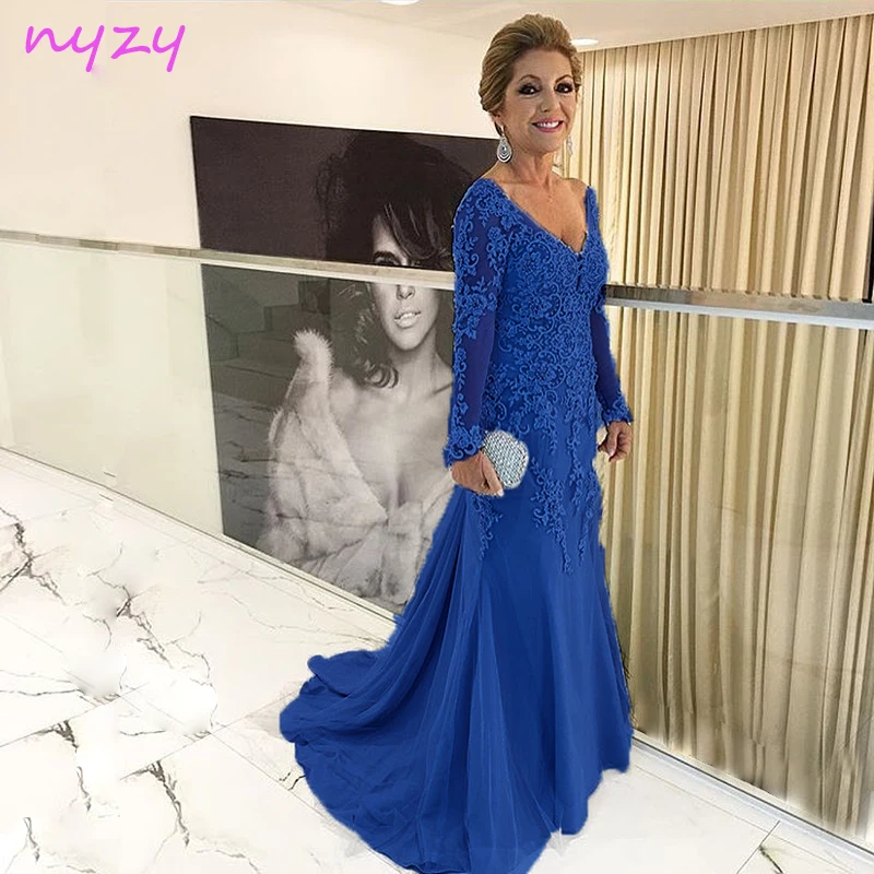 NYZY M55J свадебное длинное платье для матери жемчужно-розовое Тюлевое платье с v-образным вырезом и длинными рукавами кружевное вечернее платье Vestido de Festa Longo