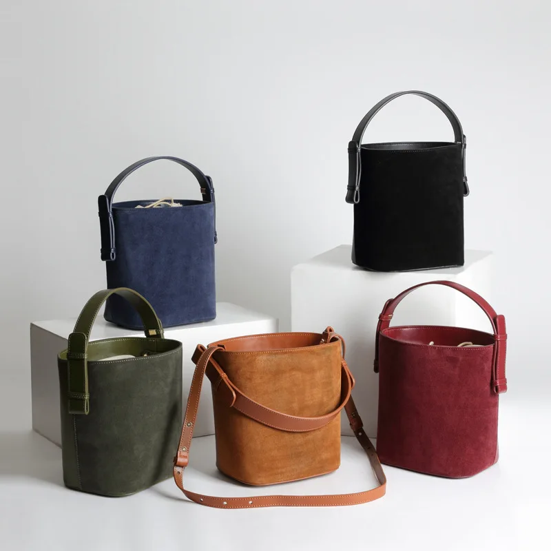 

Winter 2018 Mini Shoulder Straddle Hand Carry Bucket Cabbage Basket Grinded Genuine Leather Brand Designers Handbag Ins Trendy
