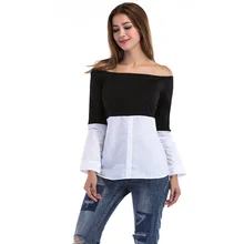 Summer Loose Women T-shirt Black White Patchwork Color Slash Neck Long Sleeve Tshirt Casual Fashion Irregular Hem Female Top white oversize mock neck irregular hem asymmetrical top